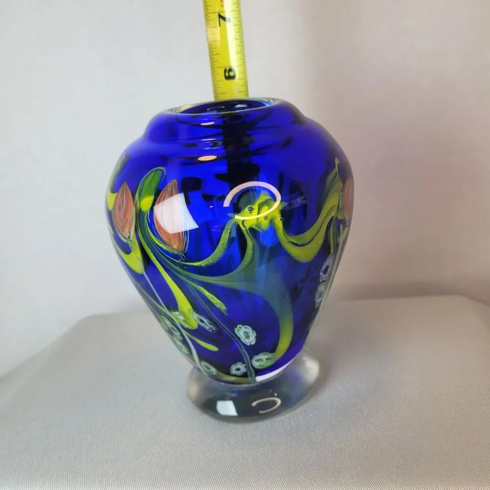 Kusak Art Glass Paperweight Pedestal Vase Cobalt Blue with Cased Flowers 5.5”